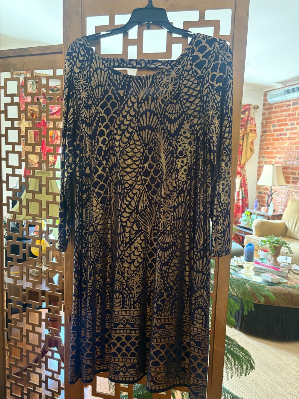 Lilly Pulitzer Blue and Gold Patterned Midi Dress